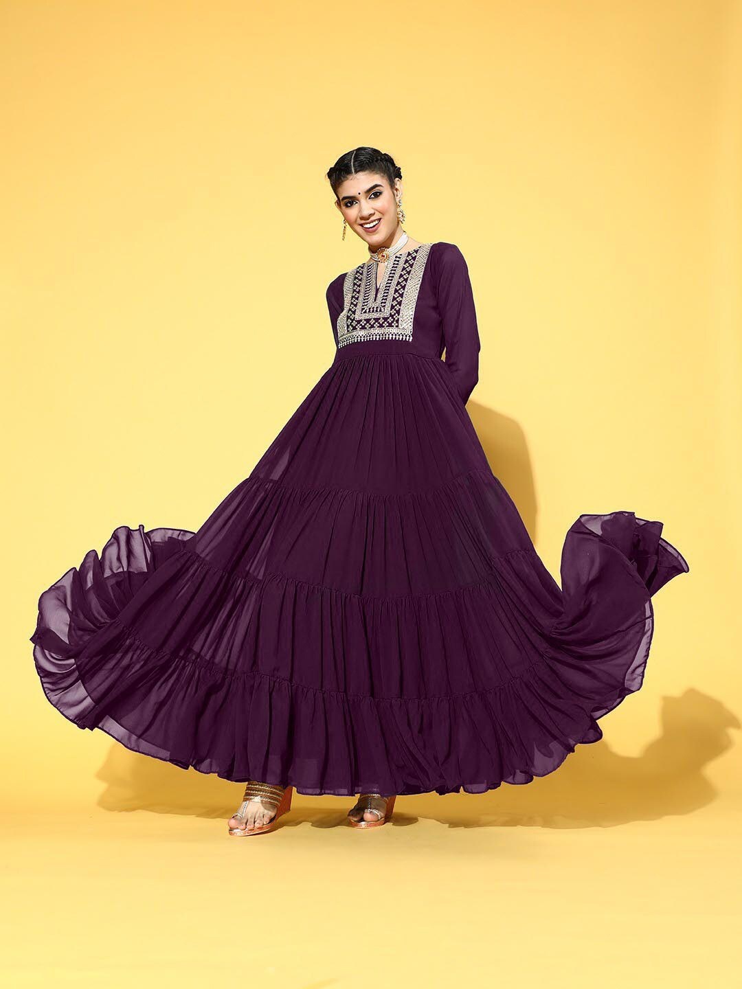 

Shree Ramkrishna Fab Embroidered Tiered Georgette Maxi Fit And Flare Ethnic Dress, Burgundy