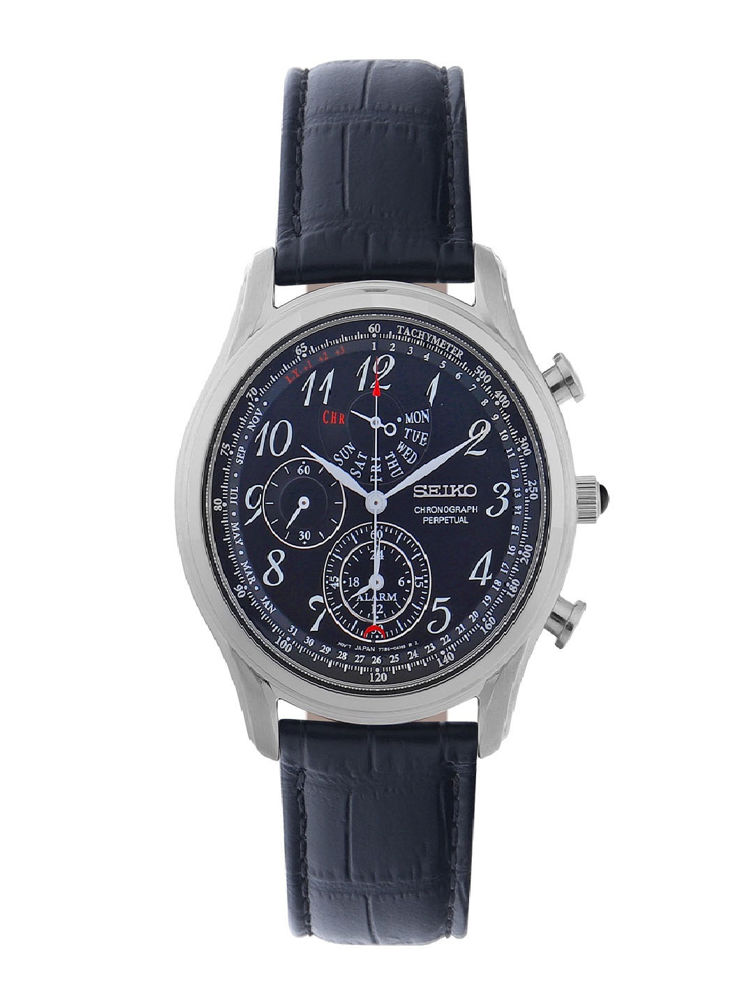 

SEIKO Men Leather Straps Analogue Multi Function Watch SPC255P1, Navy blue
