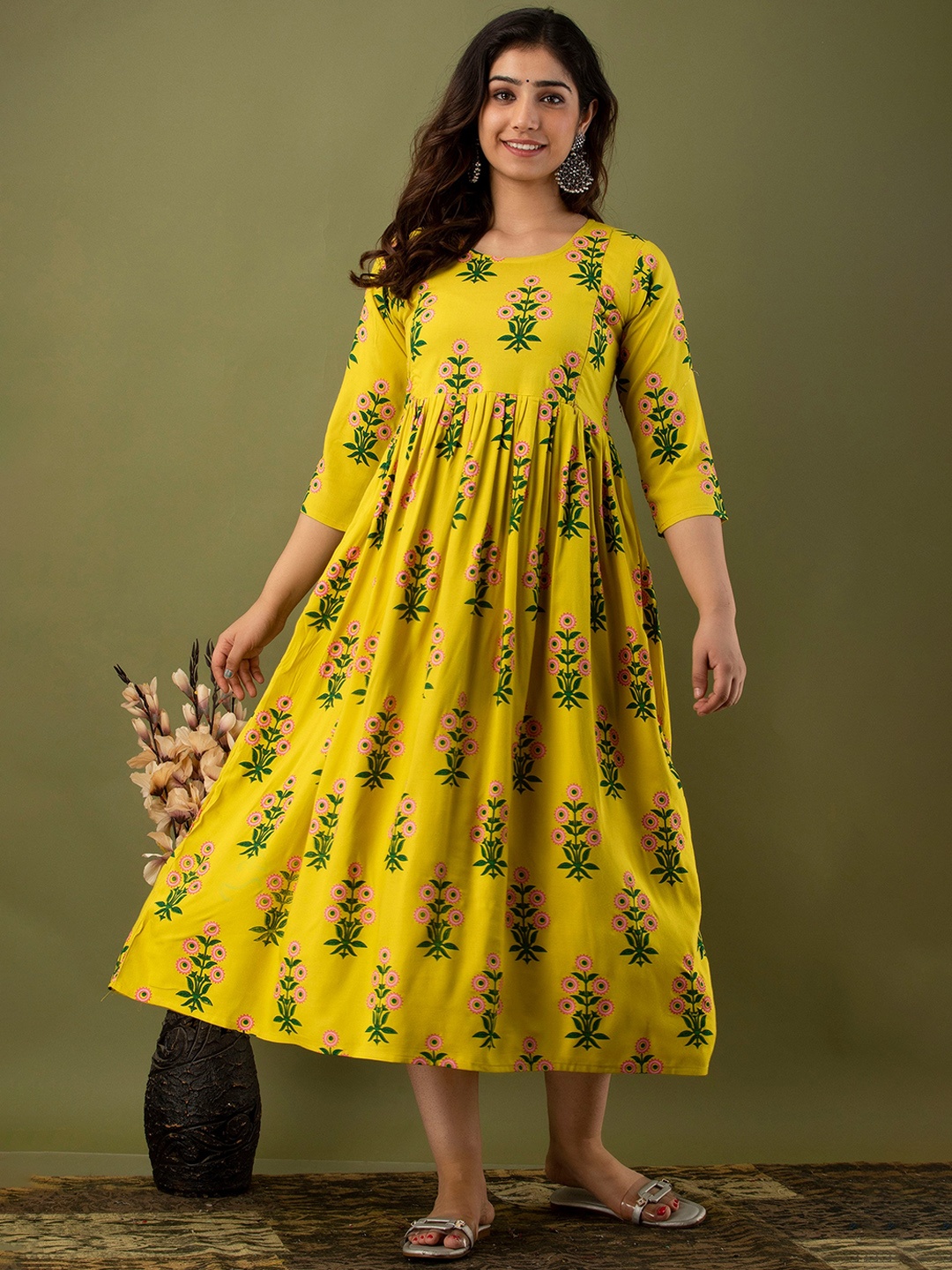 Mialo fashion Ethnic Motifs Printed Cotton Maternity Ethnic Dress, Yellow