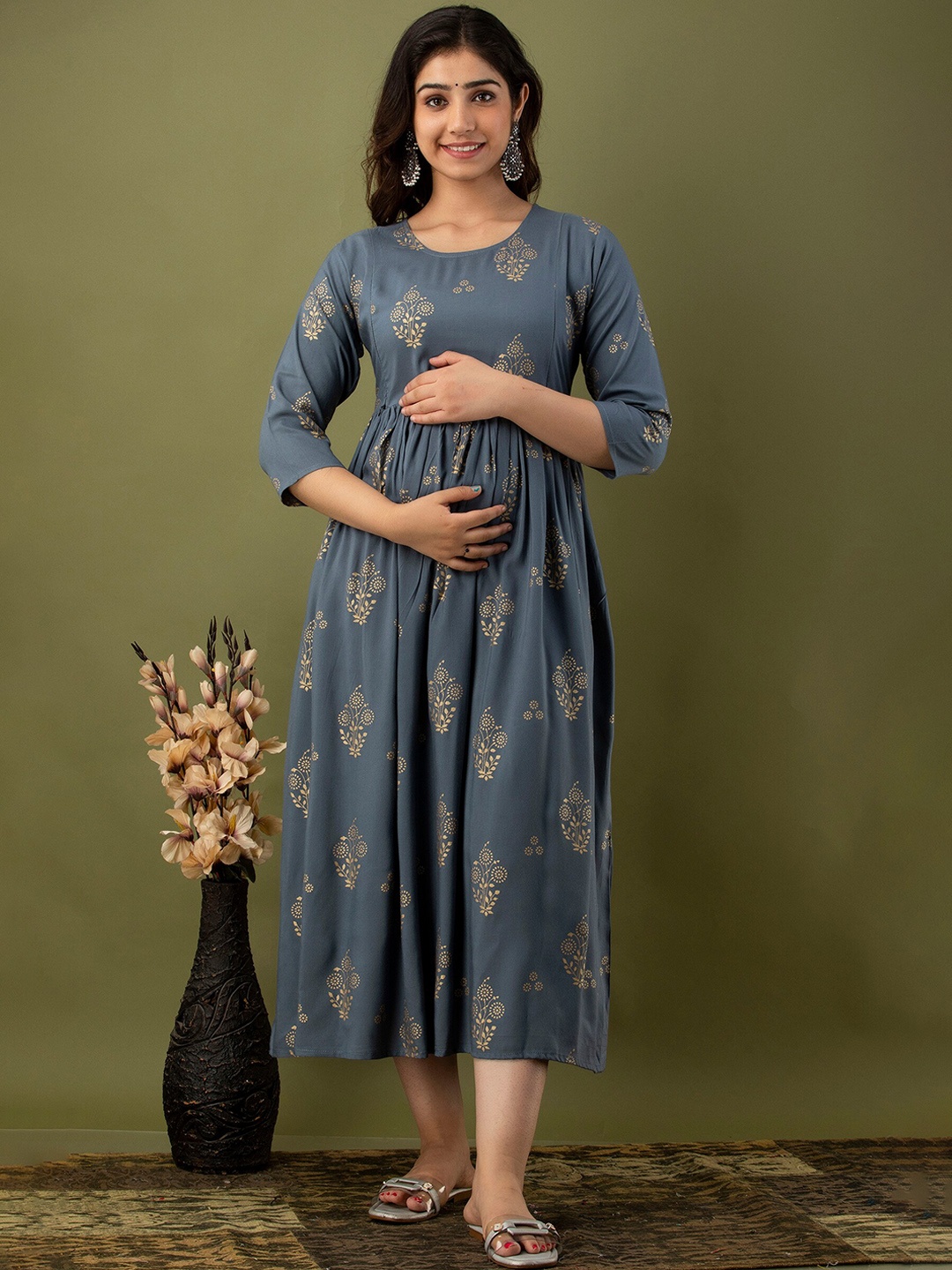 

Mialo fashion Ethnic Motifs Printed Cotton Maternity Ethnic Dress, Grey