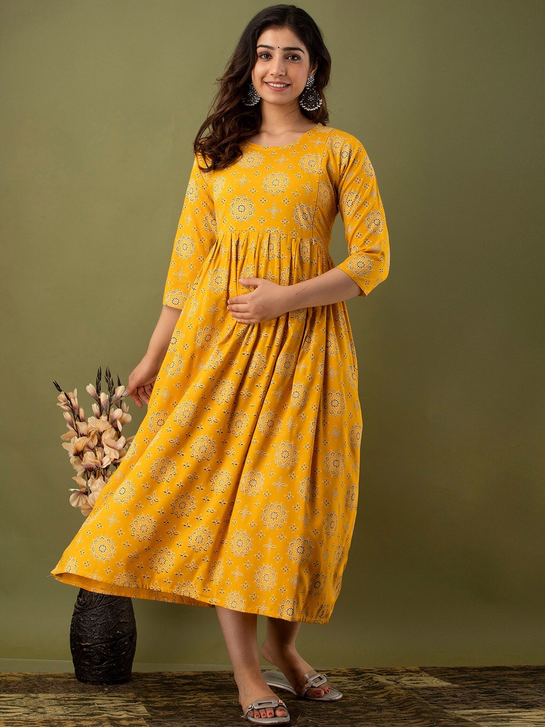 

Mialo fashion Ethnic Motifs Printed Cotton Maternity Ethnic Dress, Yellow