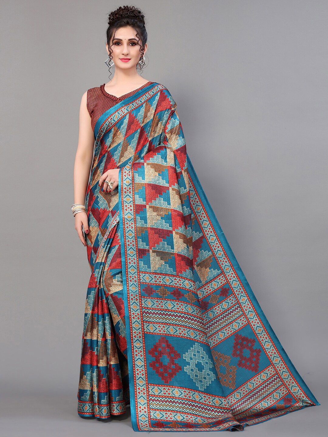 

GORGONE Geometric Printed Saree, Teal