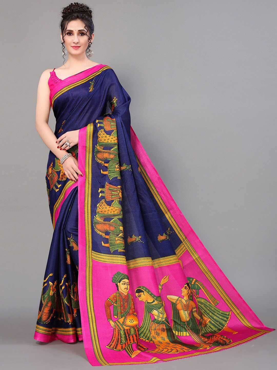 

GORGONE Ethnic Motifs Printed Silk Blend Saree, Blue