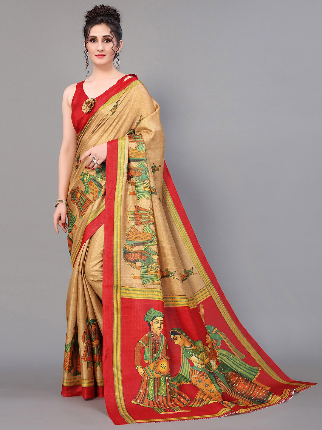 

GORGONE Ethnic Motifs Printed Saree, Beige
