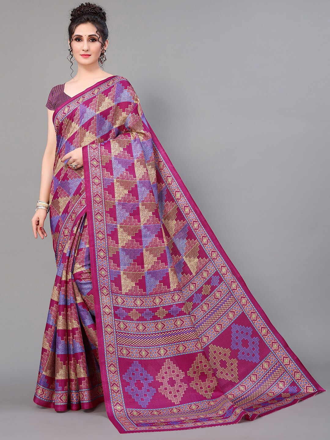 

GORGONE Geometric Printed Saree, Purple