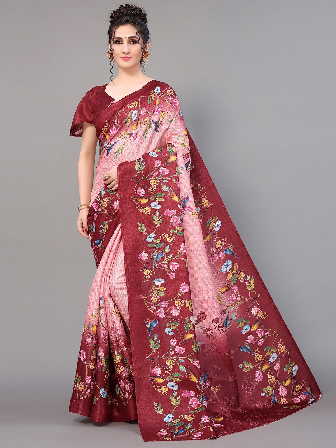 GORGONE Floral Printed Silk Blend Saree, Pink