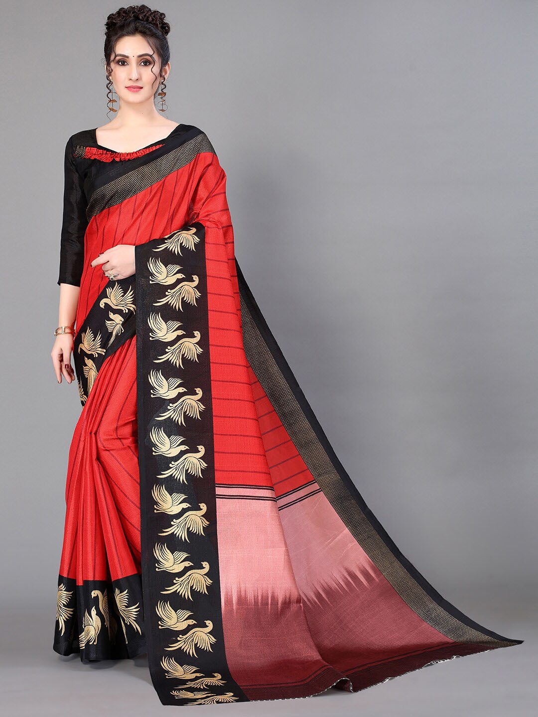 

GORGONE Striped Printed Silk Blend Saree, Red