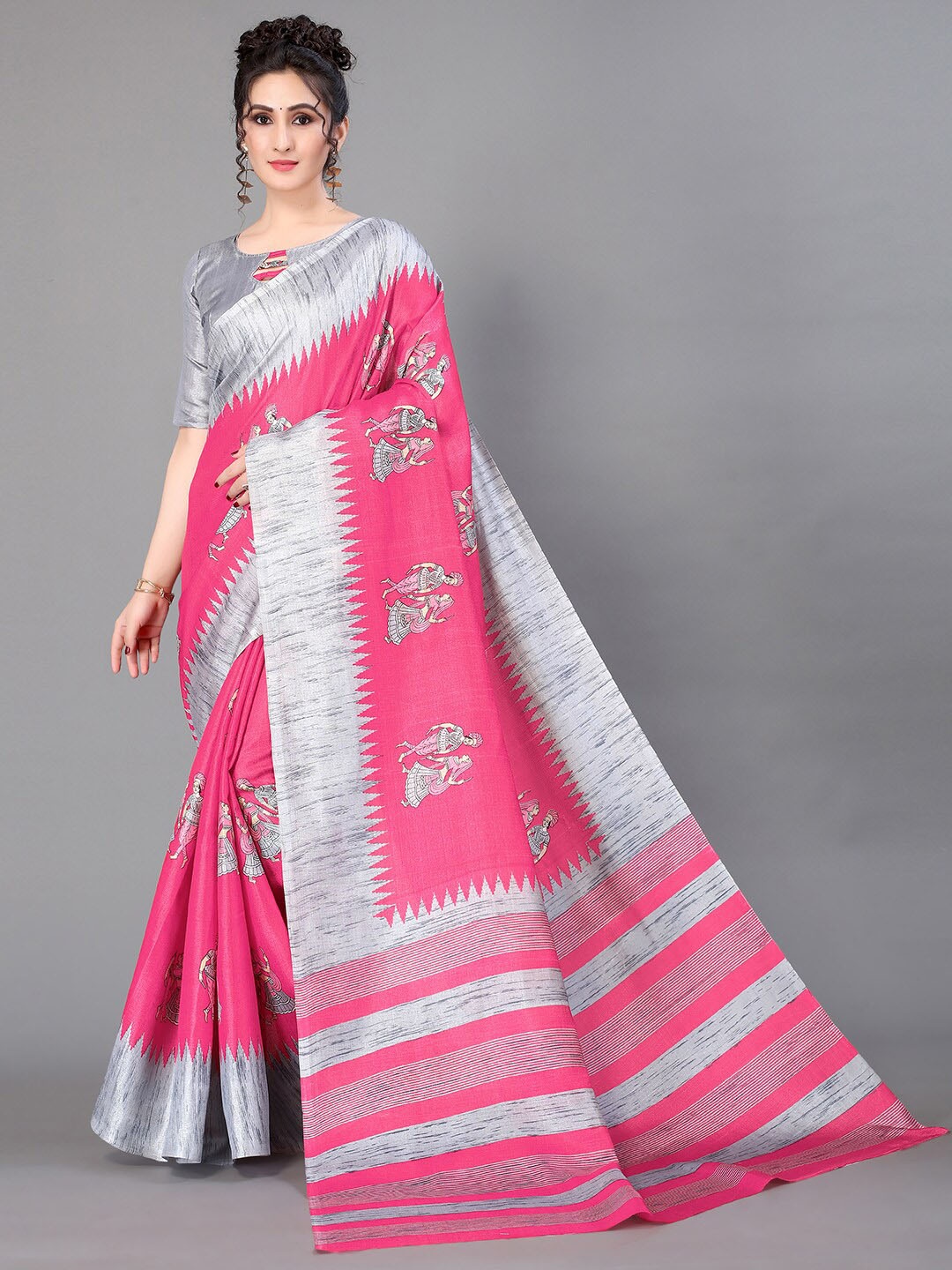 

GORGONE Ethnic Motifs Printed Silk Blend Saree, Pink