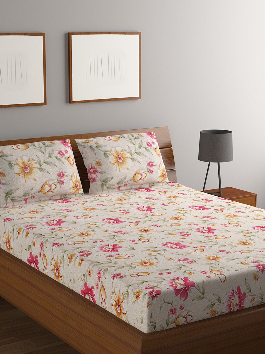 

BOMBAY DYEING Brown & Pink Printed 144 TC Pure Cotton King Bedsheet & 2 Pillow Covers
