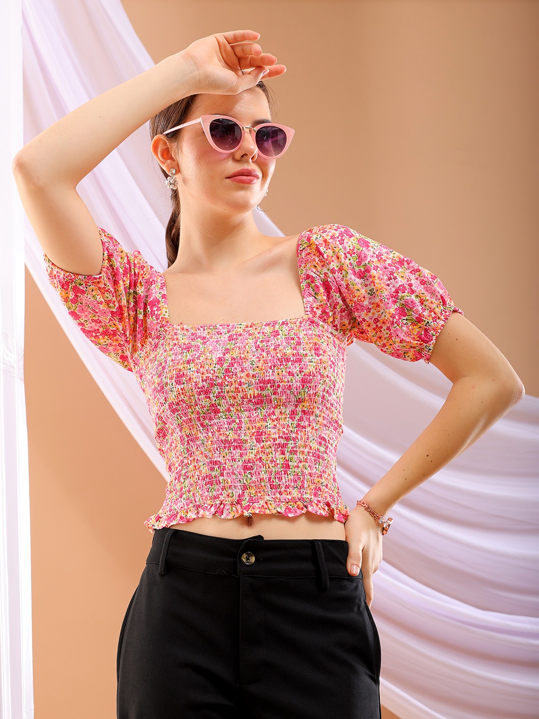 

Freehand by The Indian Garage Co Floral Printed Square Neck Smocked Crop Top, Pink