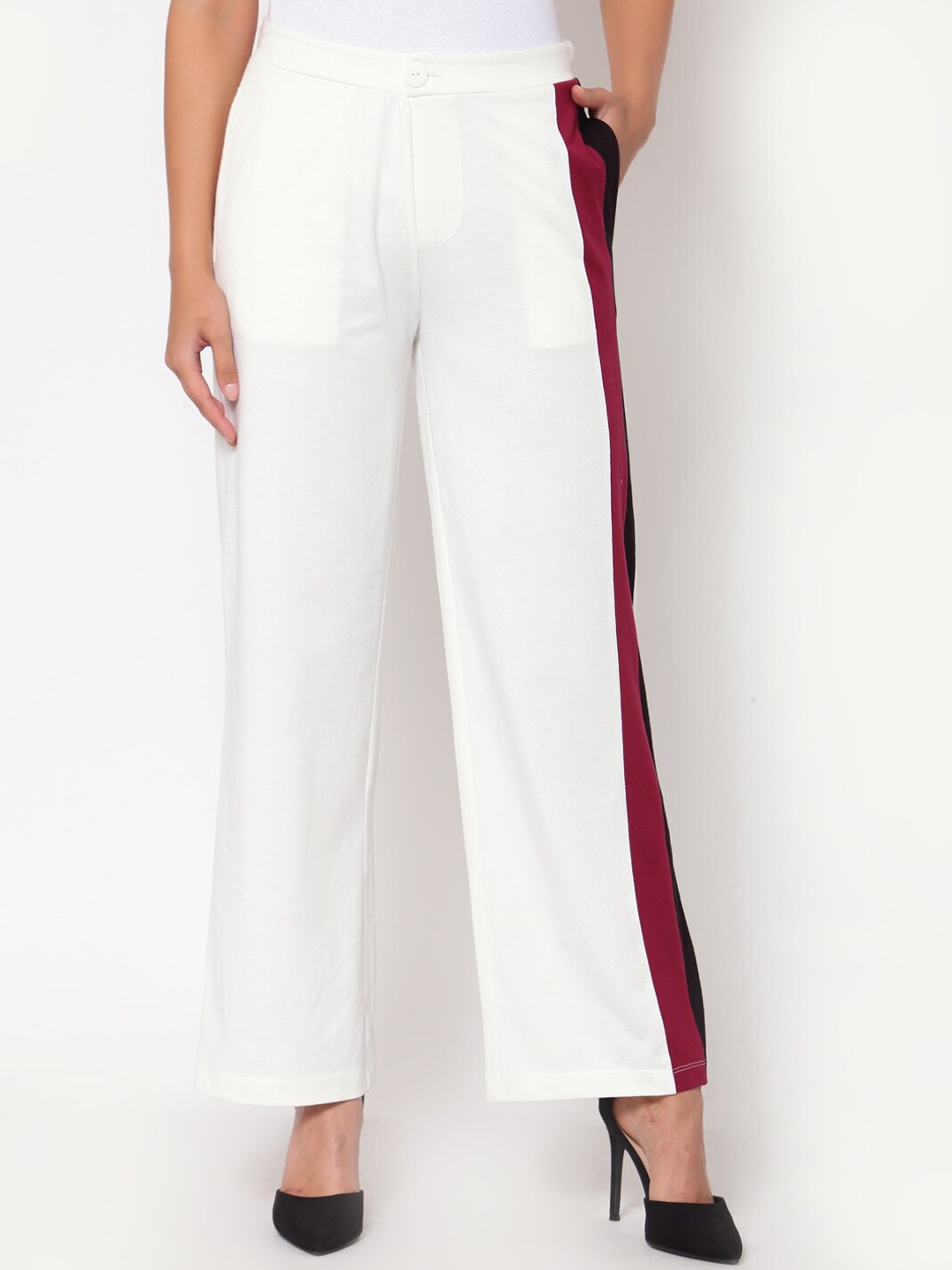 

YOONOY Women Regular Fit Striped Mid Rise Cotton Parallel Trousers, White