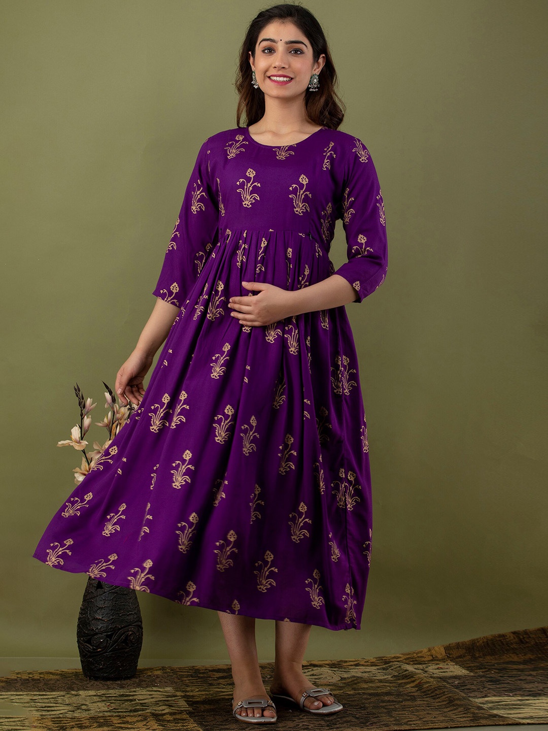 

Mialo fashion Ethnic Motifs Printed Cotton Maternity Ethnic Dress, Purple