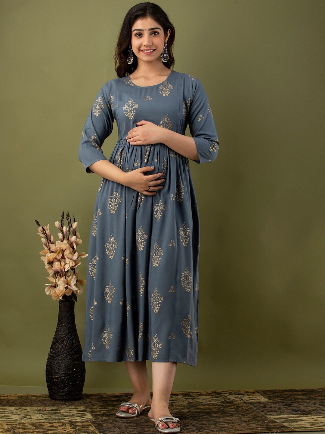 

Mialo fashion Ethnic Motifs Printed Cotton Maternity Ethnic Dress, Grey