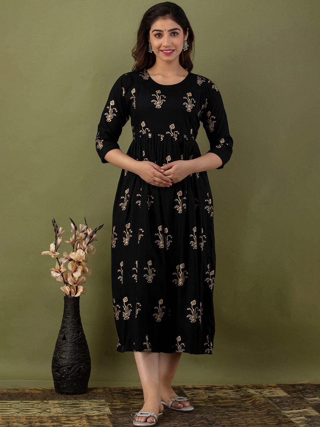 

Mialo fashion Ethnic Motifs Printed Cotton Maternity Ethnic Dress, Black