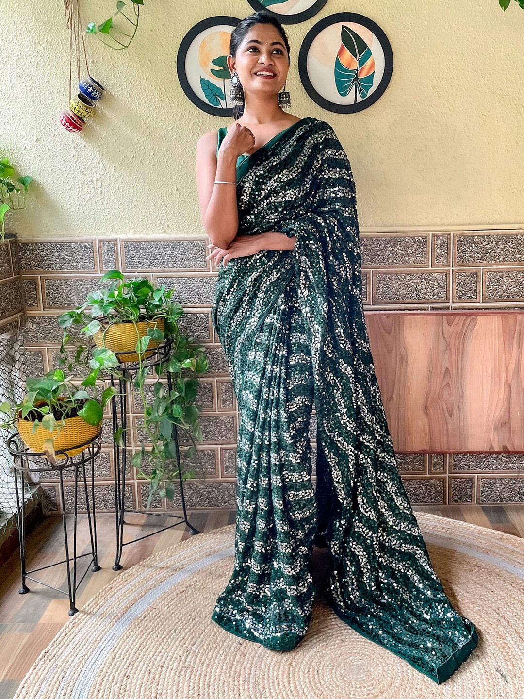 

Mitera Sequinned Poly Georgette Saree, Green
