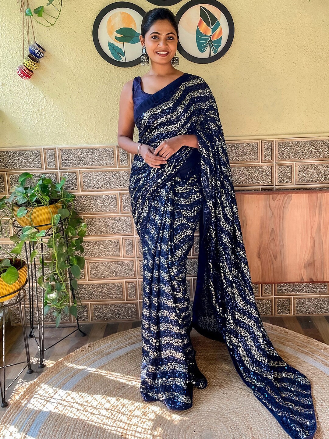 

Mitera Sequinned Poly Georgette Saree, Navy blue