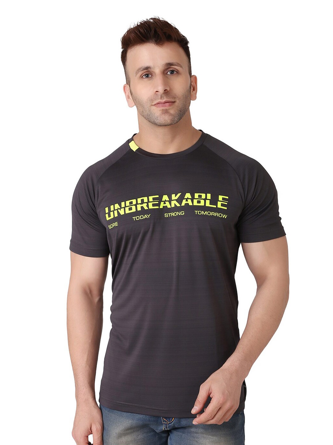 

PERFKT-U Typography Round Neck Antimicrobial Cotton T-shirt, Charcoal
