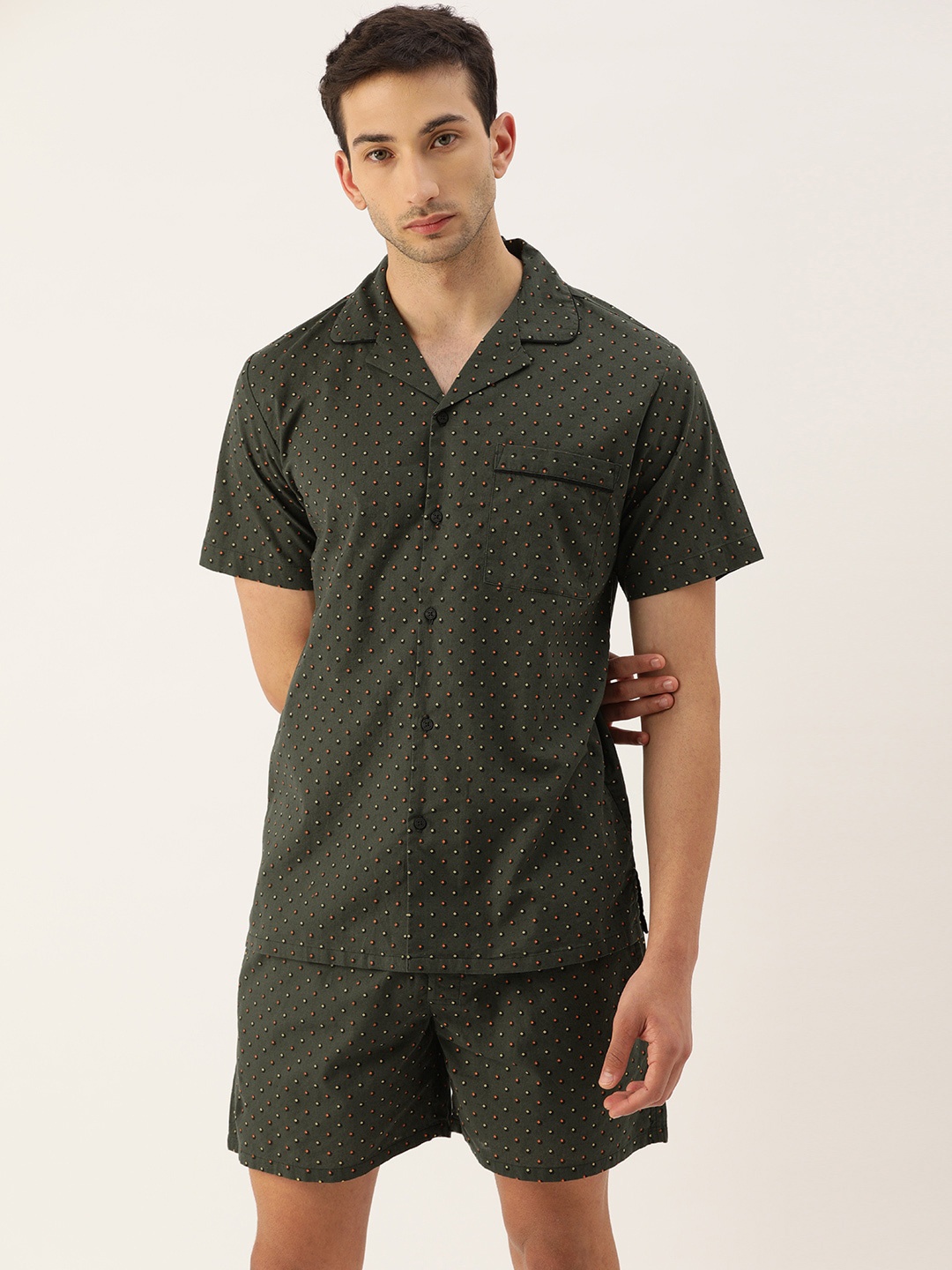 

Bene Kleed Geometric Printed Pure Cotton Night Suit, Olive