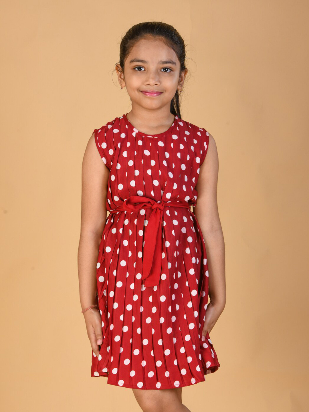 

Kids On Board Girls Polka Dot Printed Pleated Fit & Flare Dress With Belt, Maroon
