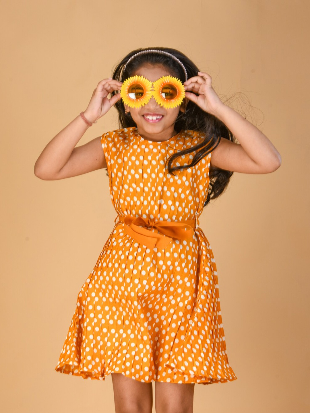 

Kids On Board Girls Polka Dot Printed Pleated Fit & Flare Dress With Belt, Mustard