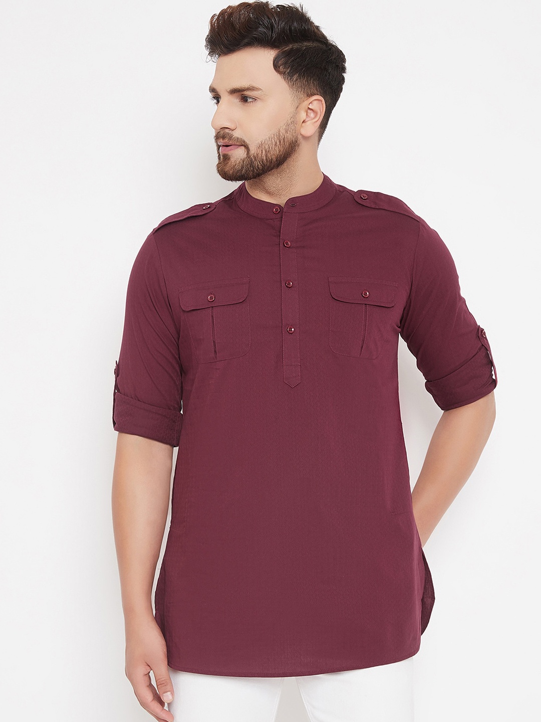

Hypernation Band Collar Roll-Up Sleeves Cotton Kurta, Maroon