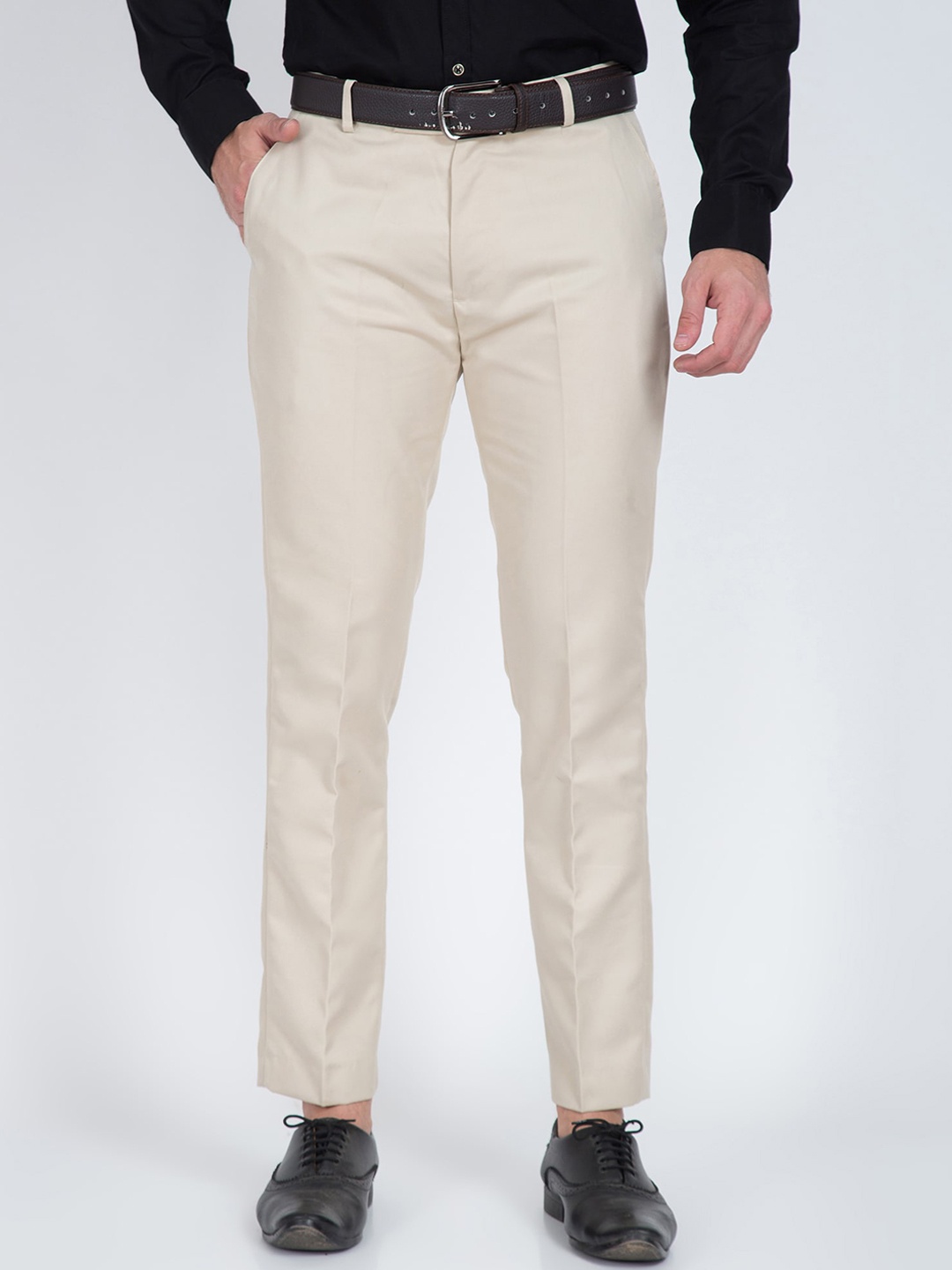 

Cyphus Men Flat-Front Mid-Rise Smart Slim Fit Formal Trousers, Cream