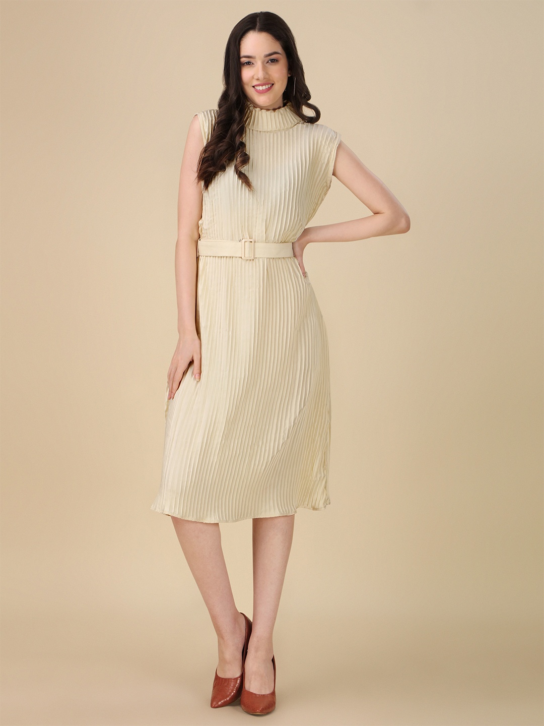 

Urban Luxe Turtle Neck Accordion Pleats Satin A-Line Dress With Belt, Off white