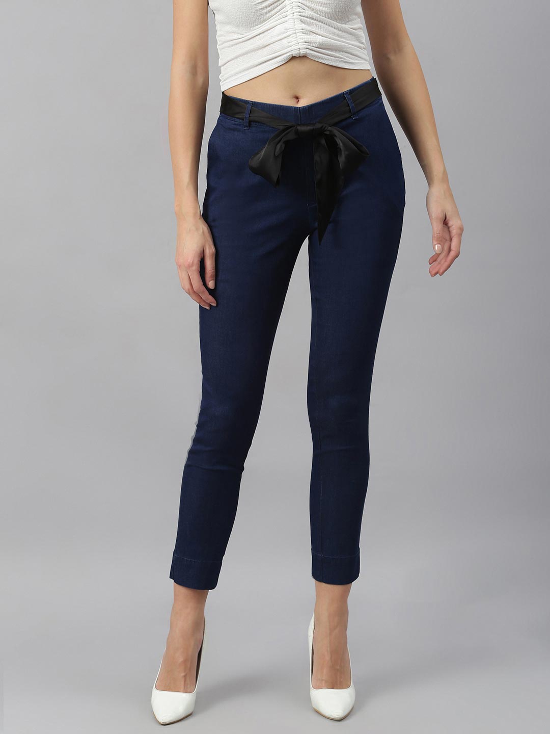 

Xpose Women High Rise Slim-Fit Jeggings With Satin Belt, Navy blue