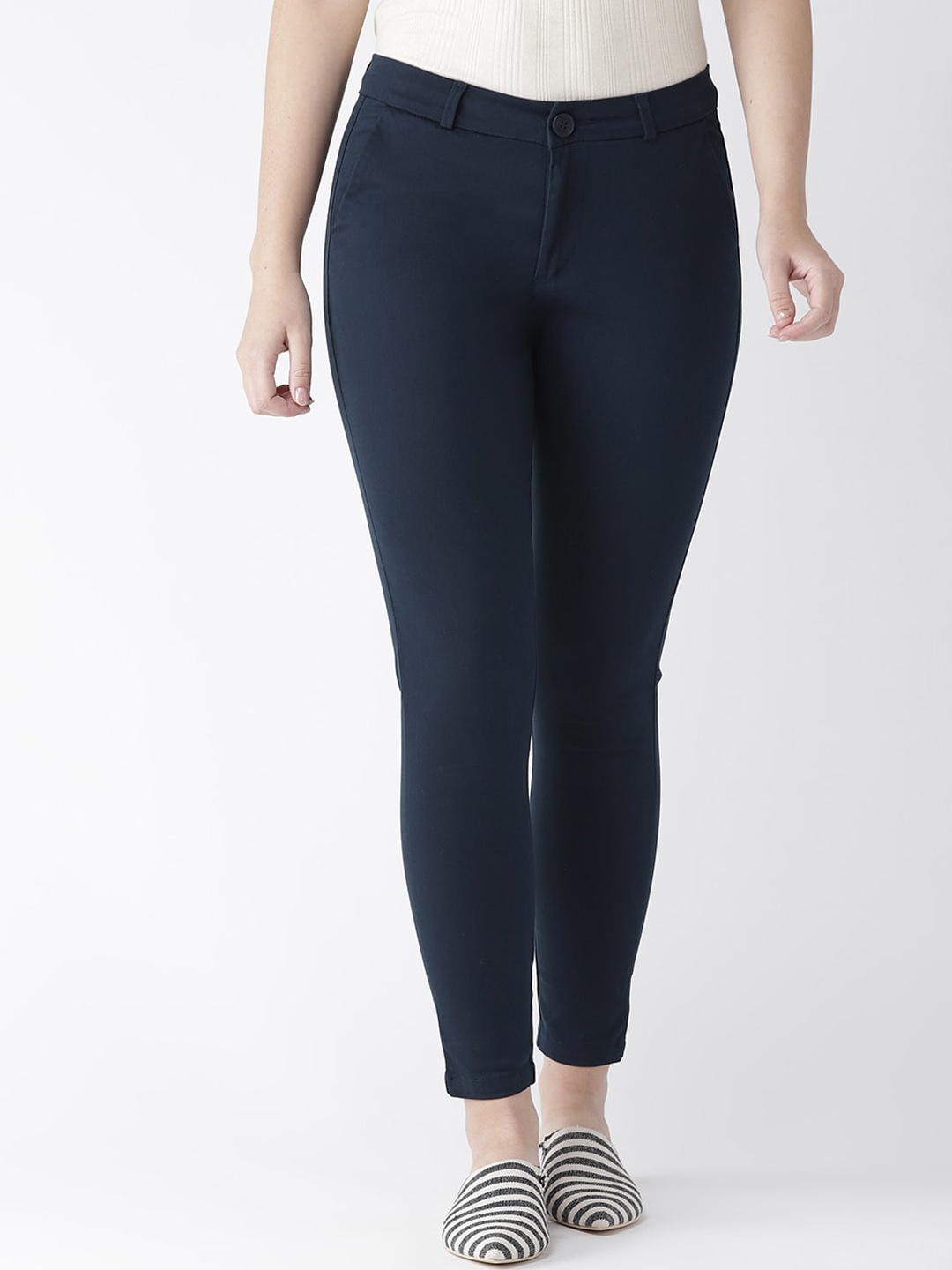 

Xpose Women Comfort Straight Fit High-Rise Pure Cotton Regular Trousers, Navy blue