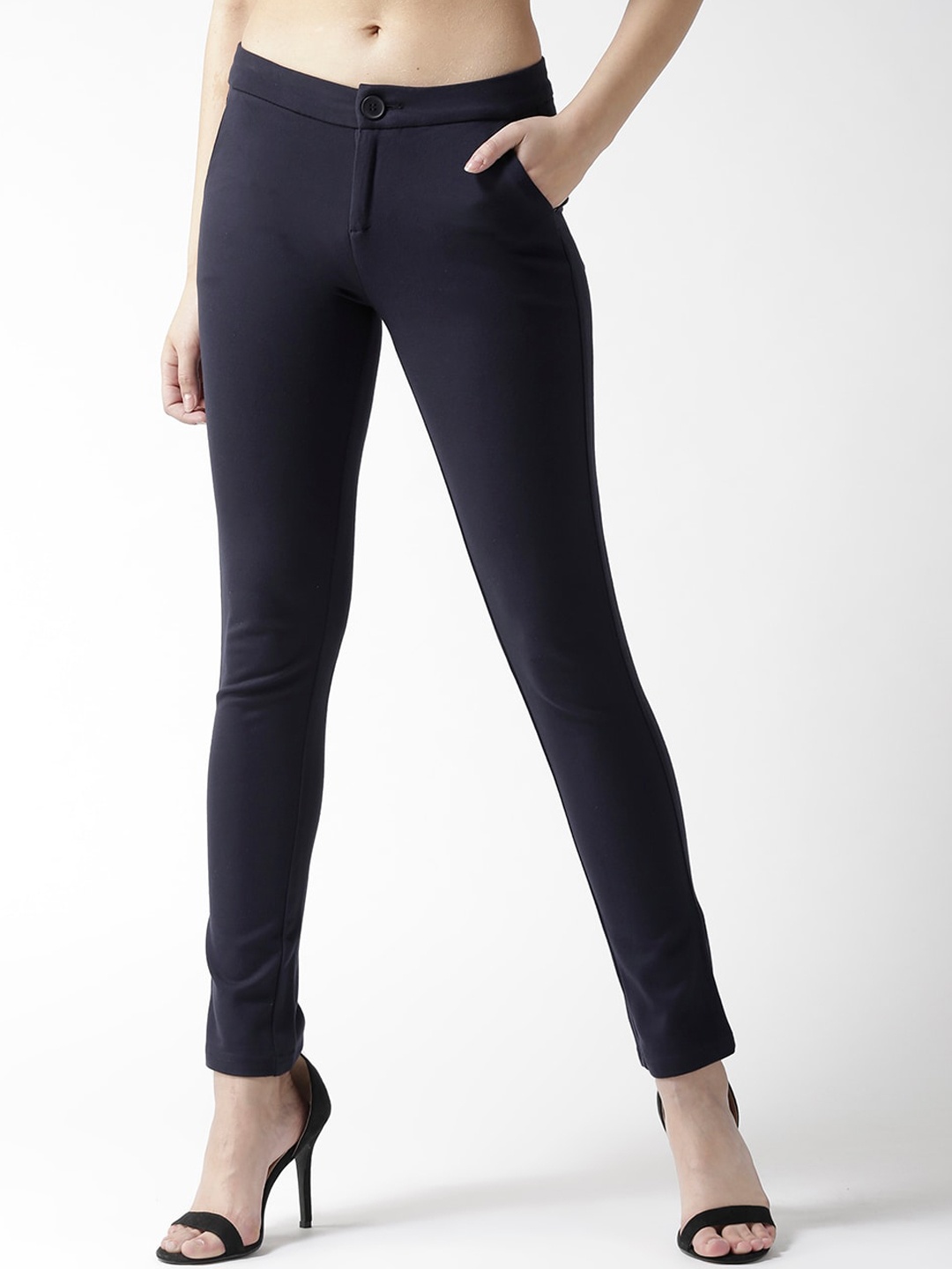 

Xpose Women Navy Blue Comfort Slim Fit Mid Rise Solid Regular Trousers