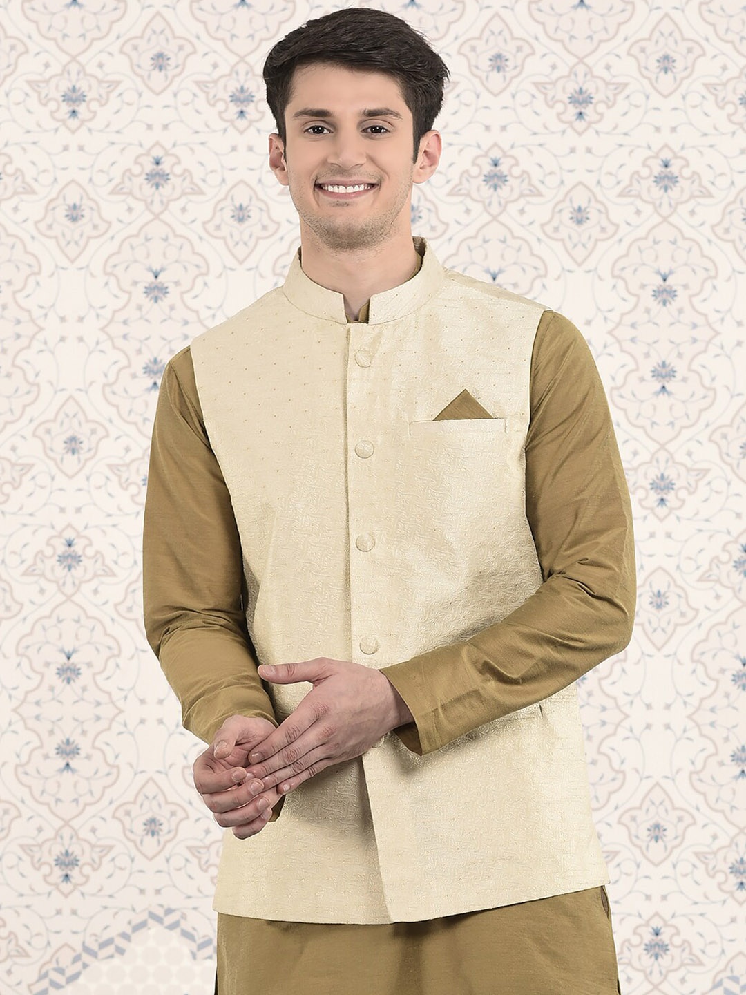 

Ode by House of Pataudi Woven Design Nehru Jacket, Cream