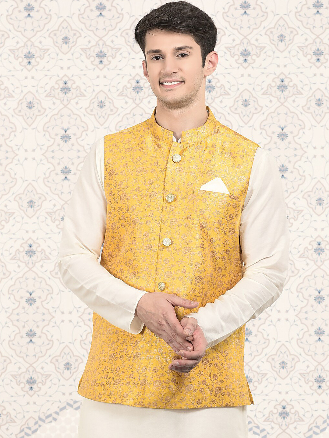 

Ode by House of Pataudi Woven Design Nehru Jacket, Yellow