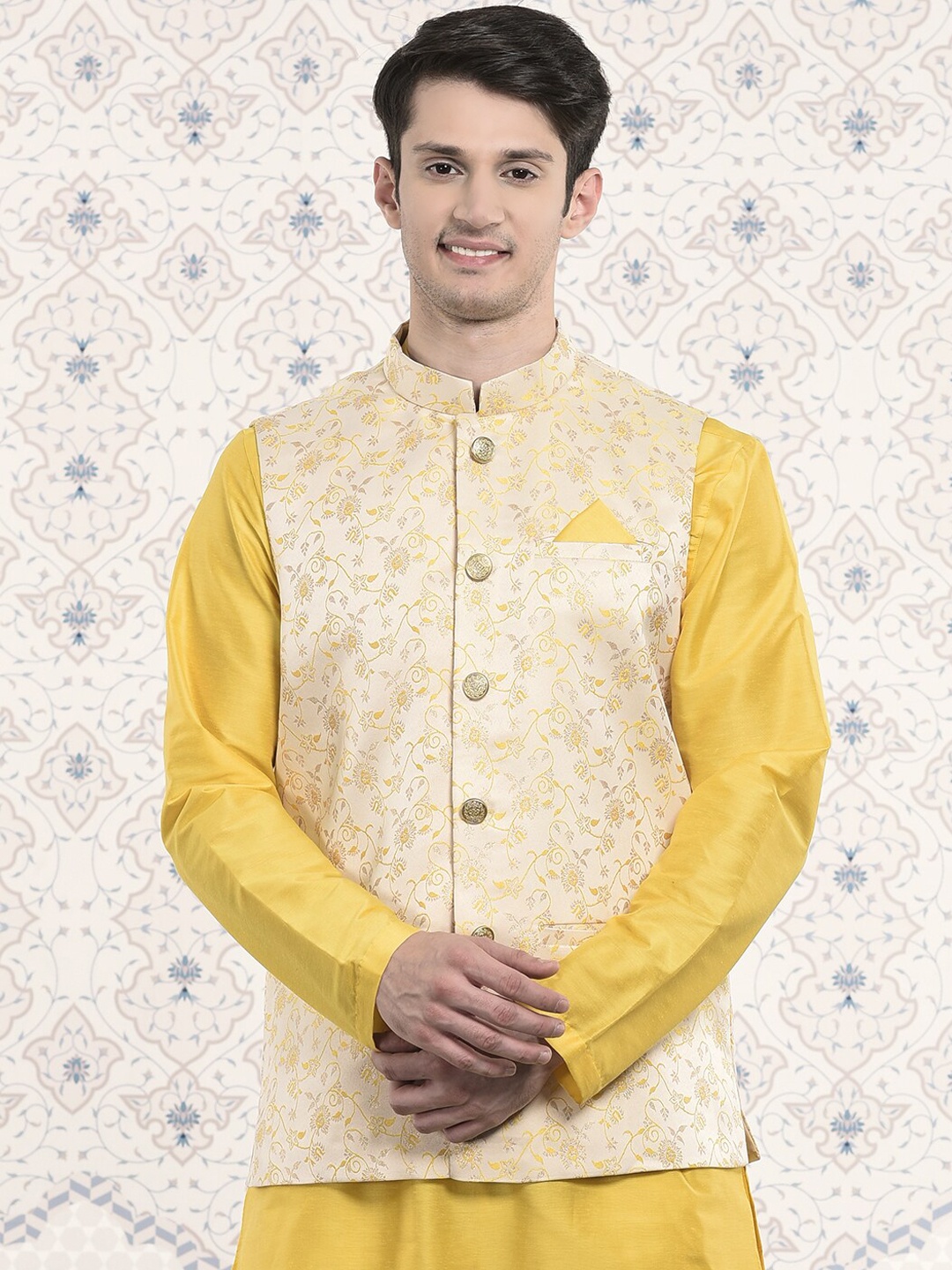 

Ode by House of Pataudi Woven Design Satin Nehru Jackets, Yellow