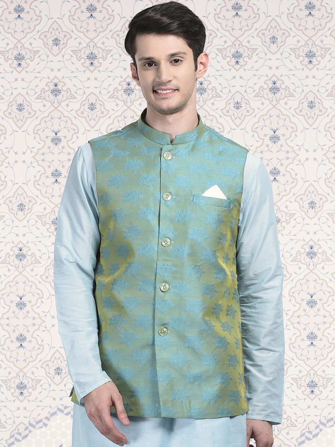 

Ode by House of Pataudi Men Woven Design Satin Nehru Jacket, Blue