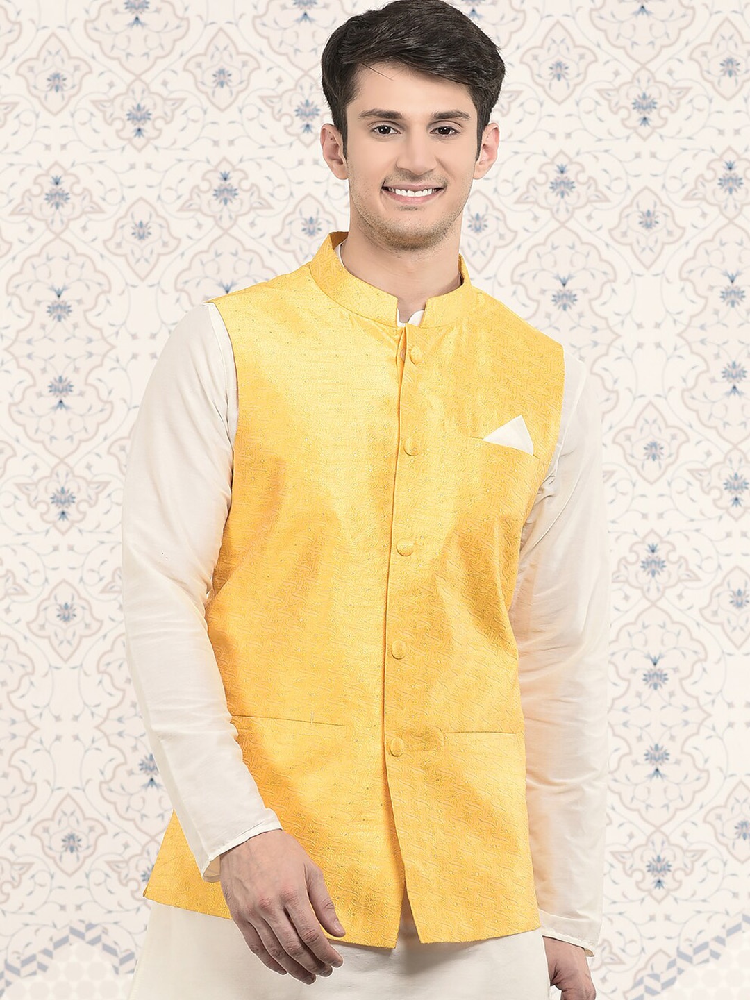 

Ode by House of Pataudi Woven Design Satin Nehru Jackets, Yellow