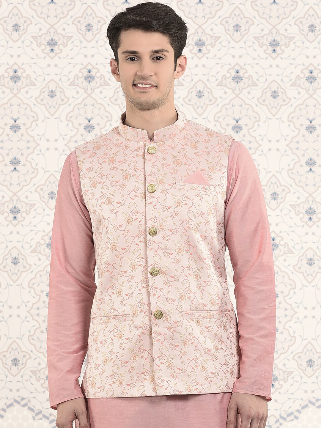 

Ode by House of Pataudi Jacquard Woven Design Satin Nehru Jacket, Peach