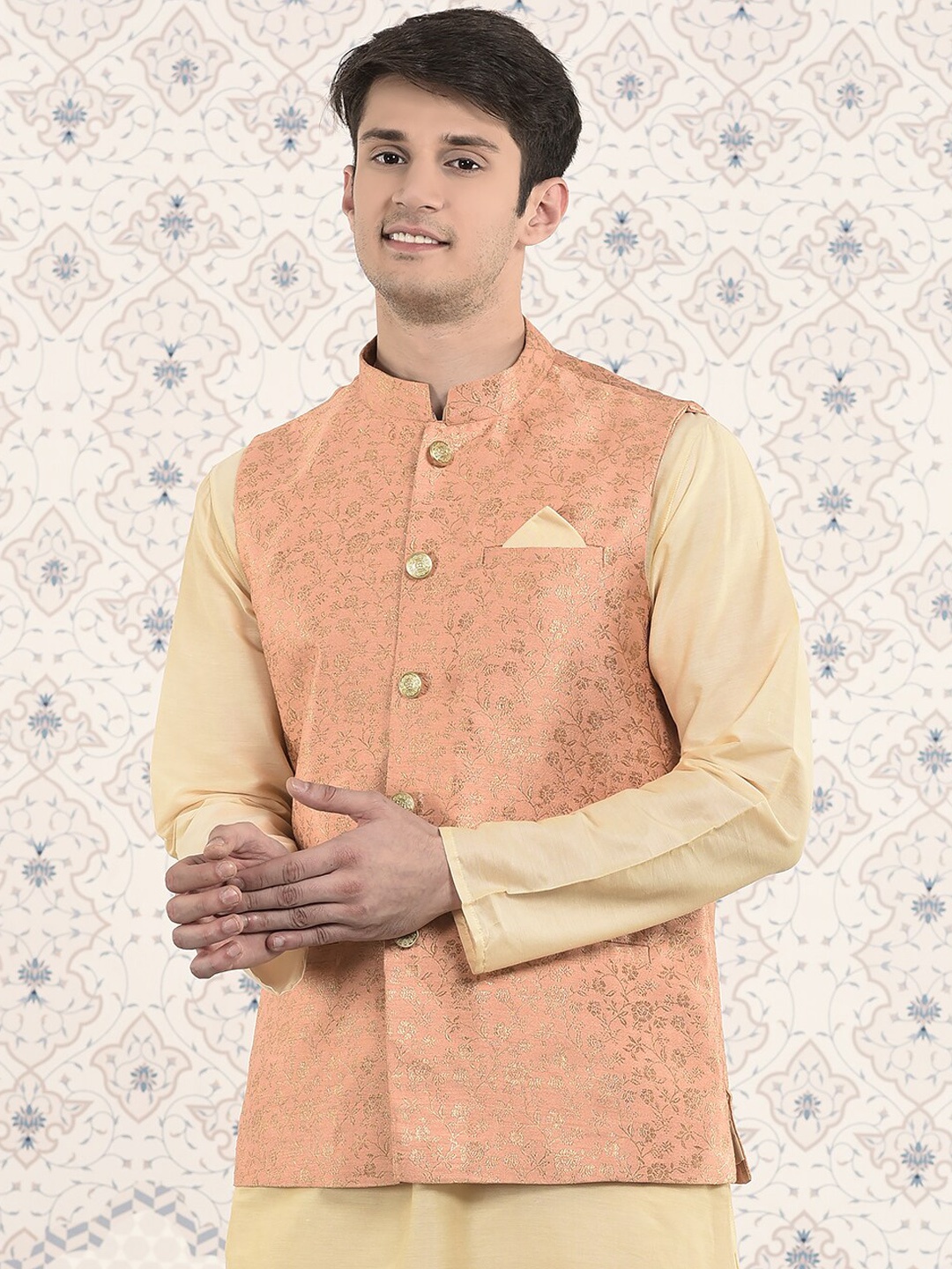 

Ode by House of Pataudi Woven Design Nehru Jacket, Peach