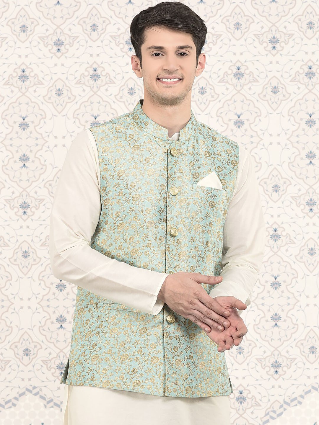 

Ode by House of Pataudi Woven Design Nehru Jackets, Blue