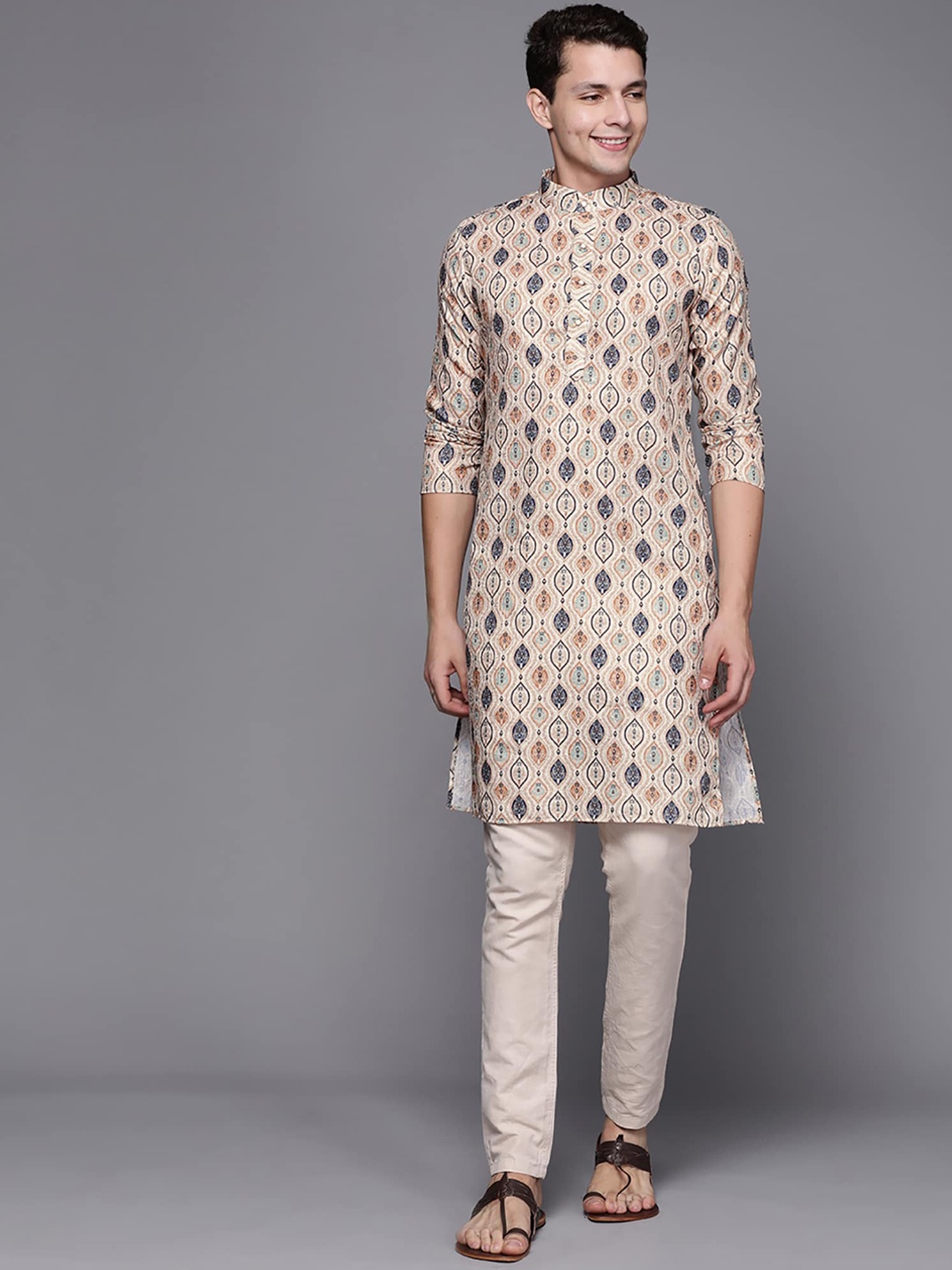 

Indo Era Ethnic Motif Printed Mandarin Collar Sequinned Pure Cotton Kurta, Beige