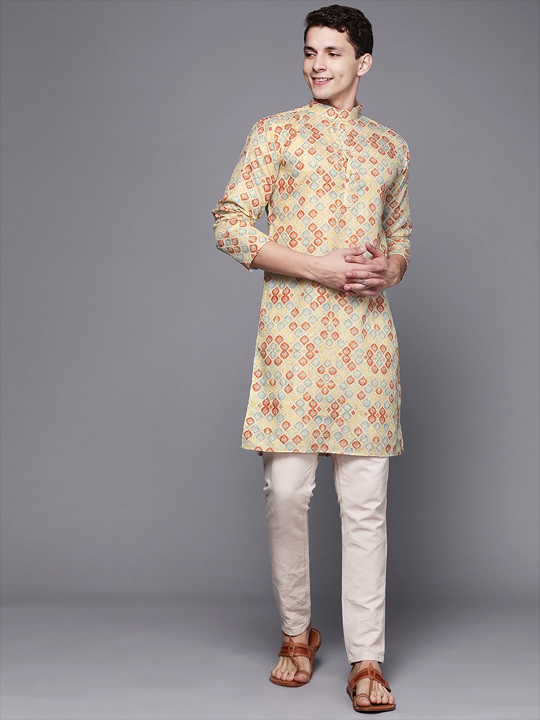 

Indo Era Ethnic Motifs Printed Cotton Straight Kurta, Beige