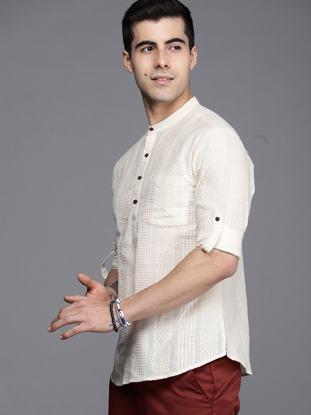 

Indo Era Embroidered Band Collar Pure Cotton Kurta, White