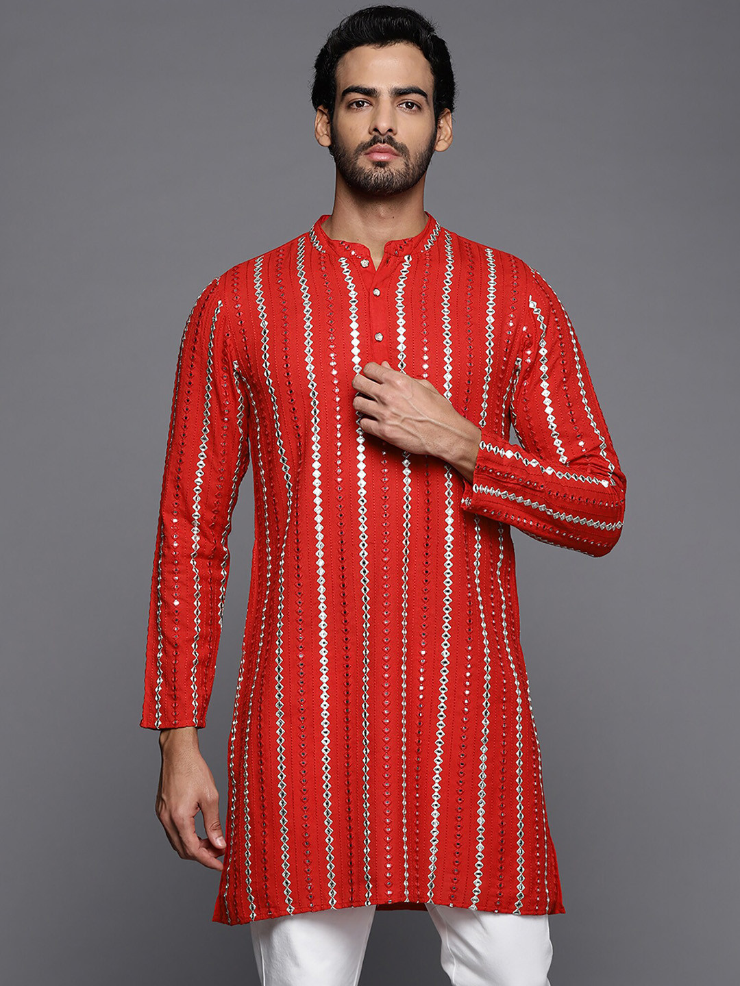 

Indo Era Embellished Stripes Cotton Straight Kurta, Red