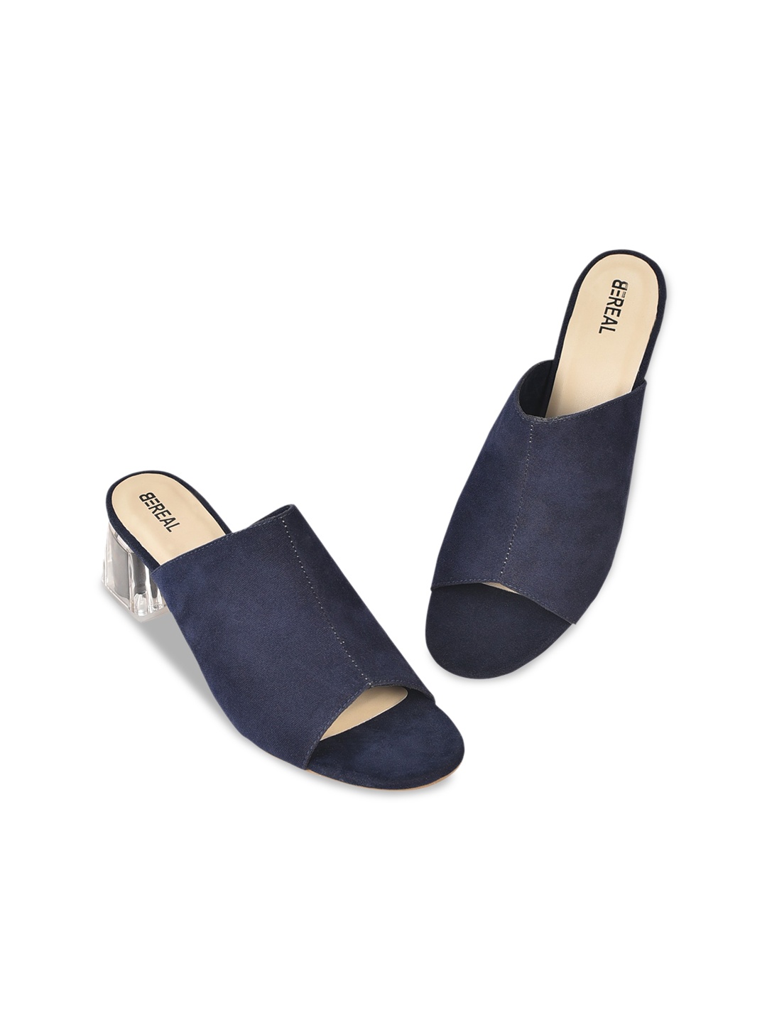 

BEREAL Suede Block Heel Mules, Navy blue