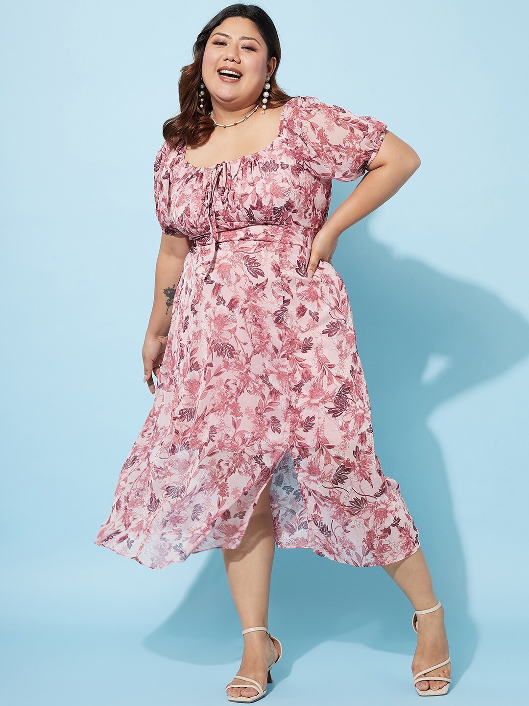 

Athena Ample Plus Size Floral Print Chiffon Empire Midi Dress, Off white