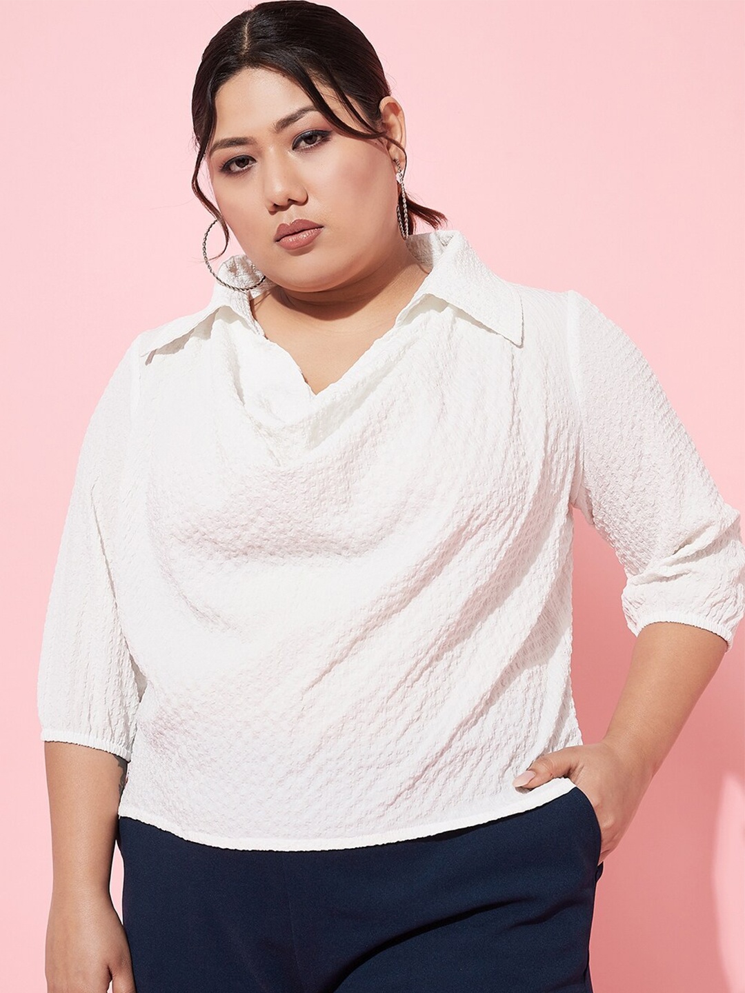 

Athena Ample Plus Size Self Designed Cowl Neck Casual Top, White