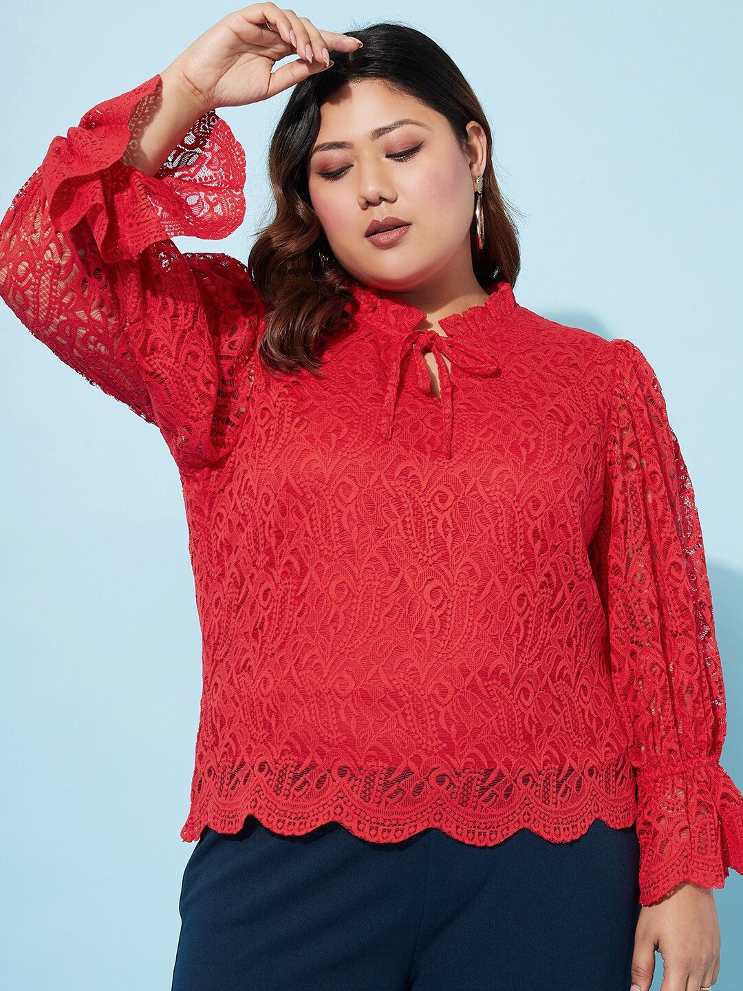 

Athena Ample Plus Size Tie-Up Neck Puff Sleeves Regular Top, Red