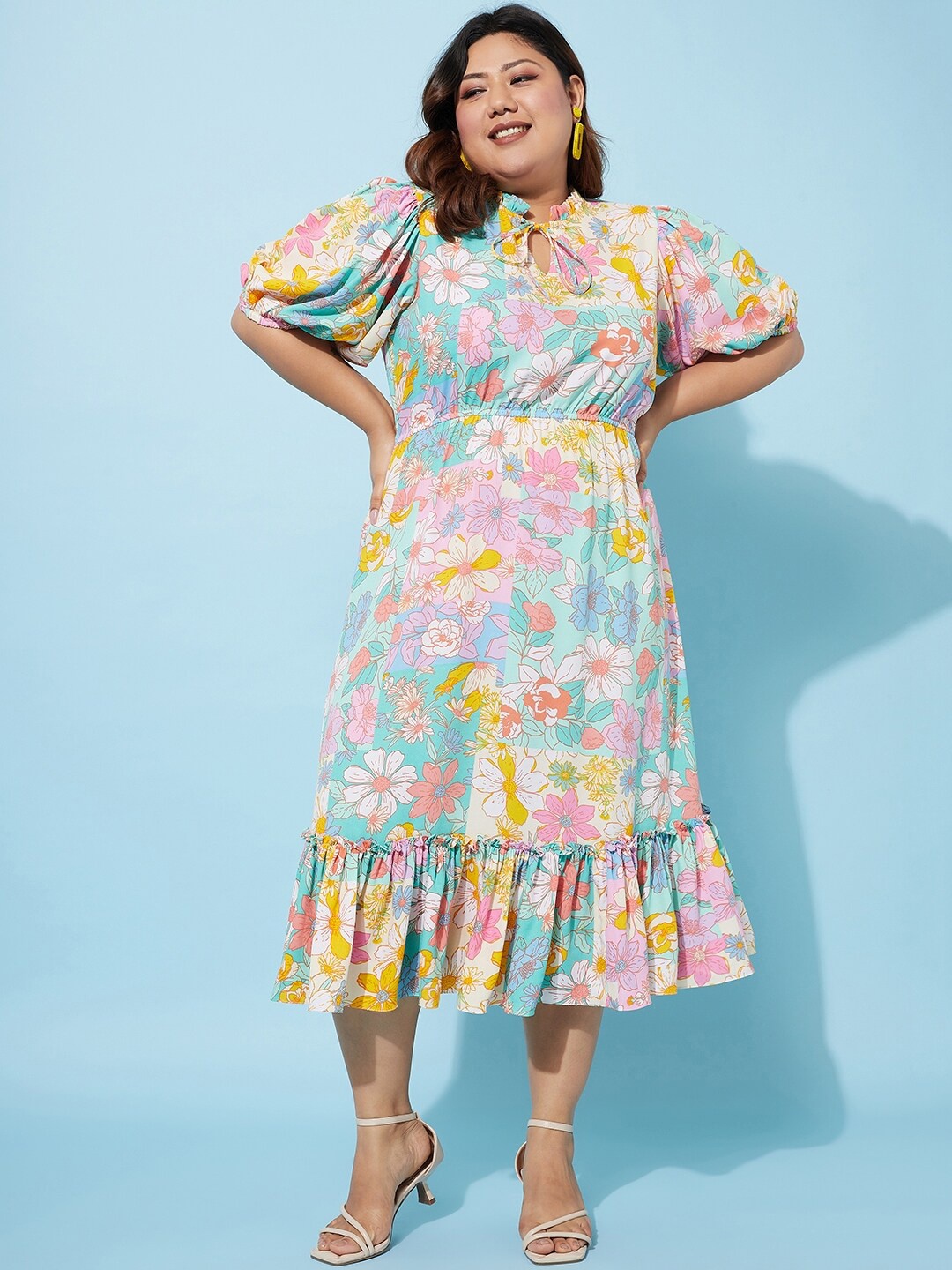 

Athena Ample Plus Size Floral Print Puff Sleeve Crepe A-Line Midi Dress, Multi