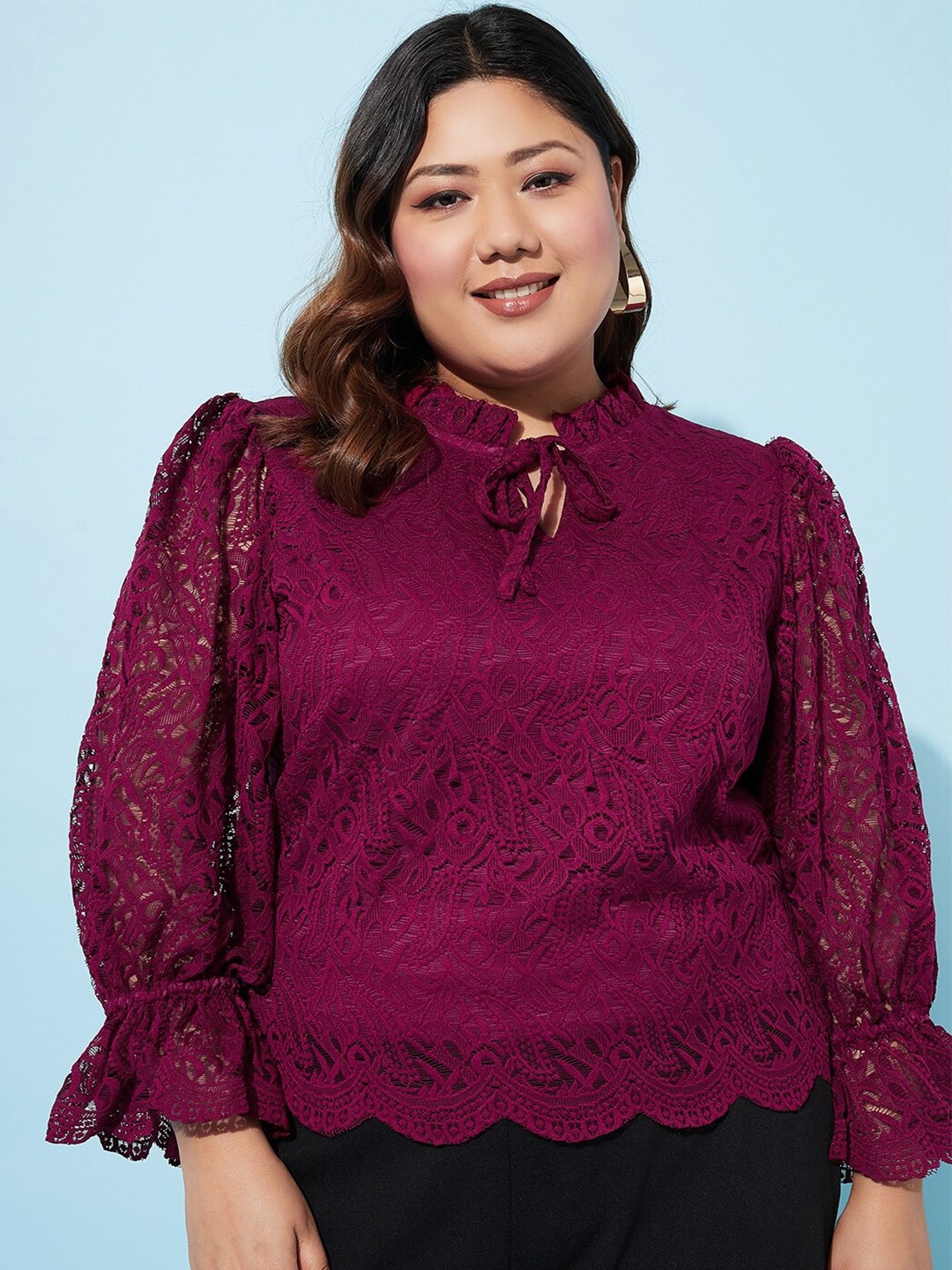 

Athena Ample Plus Size Tie-Up Neck Lace Top, Burgundy