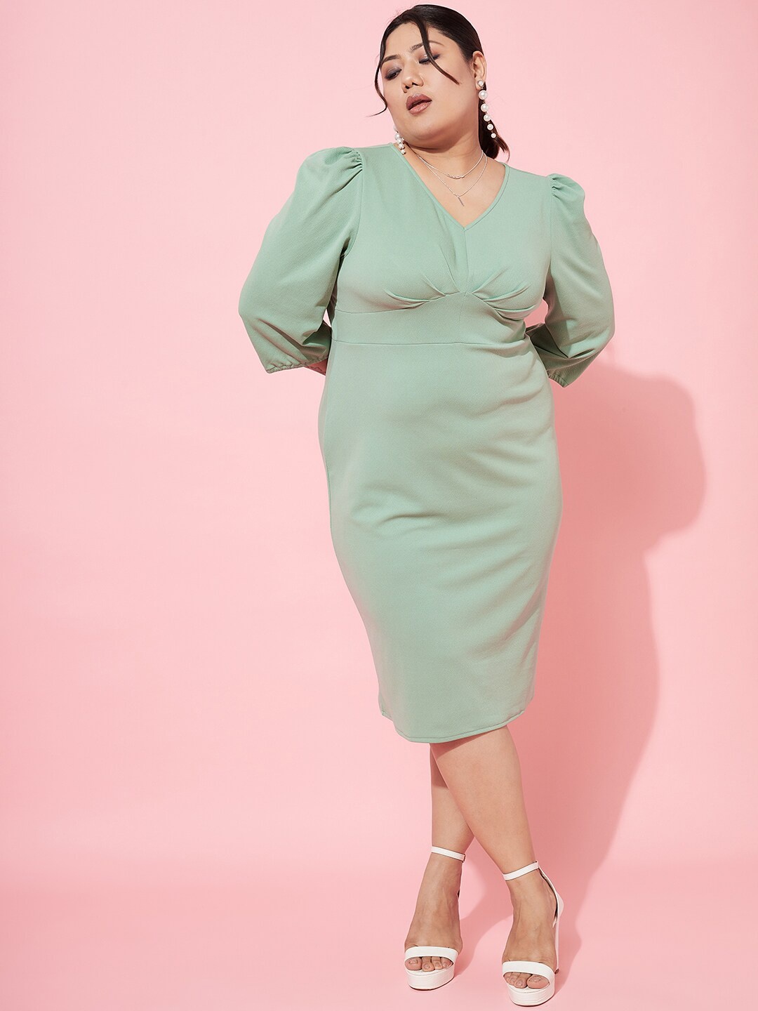 

Athena Ample Plus Size Puff Sleeve Scuba Sheath Dress, Green