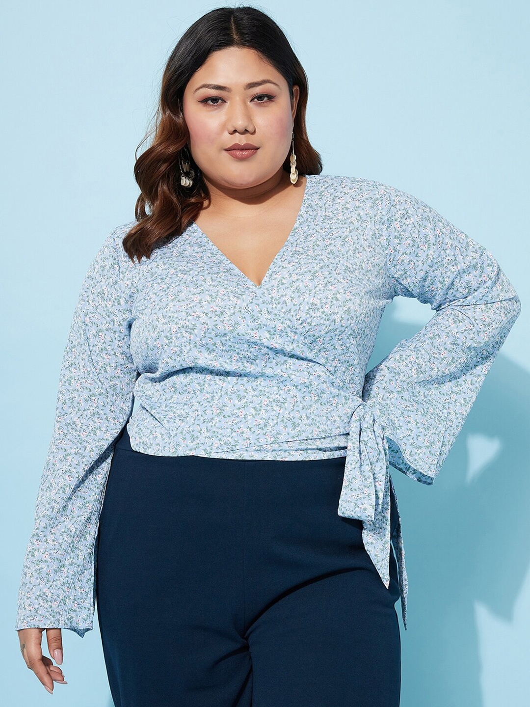 

Athena Ample Plus Size Floral Printed Flared Sleeves Wrap Top, Blue